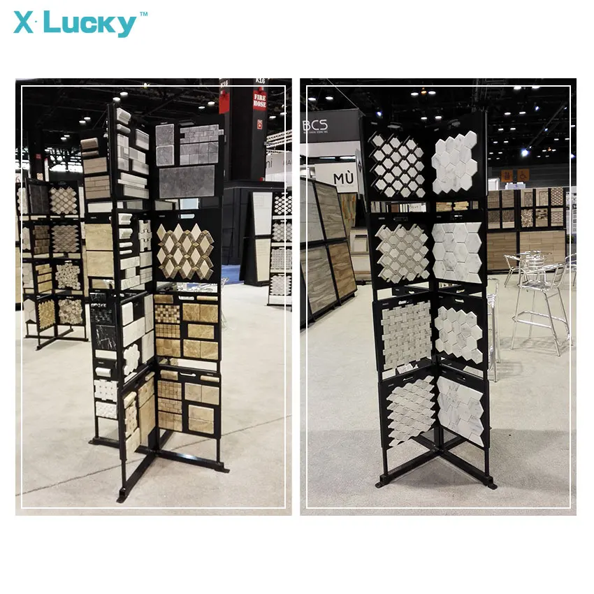 Lucky stone metal booth Glass exhibition marble showroom granite sample rotary tile quartz multi-faceted  mosaic display rack