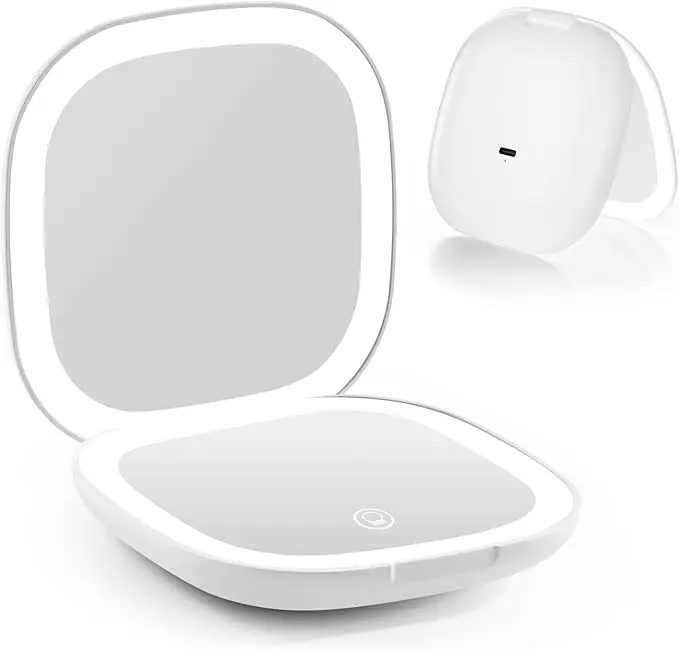 3 Colors LED Travel Makeup Mirror 1x/10x Magnifying Pocket Mirror USB Charging Folding Mirror