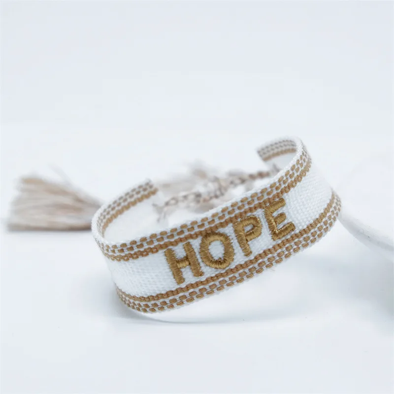Wholesale Customized Logo Text Fashion Bracelets with Bohemian Ribbon Letter Embroidery and Tassel Weaving for Gift