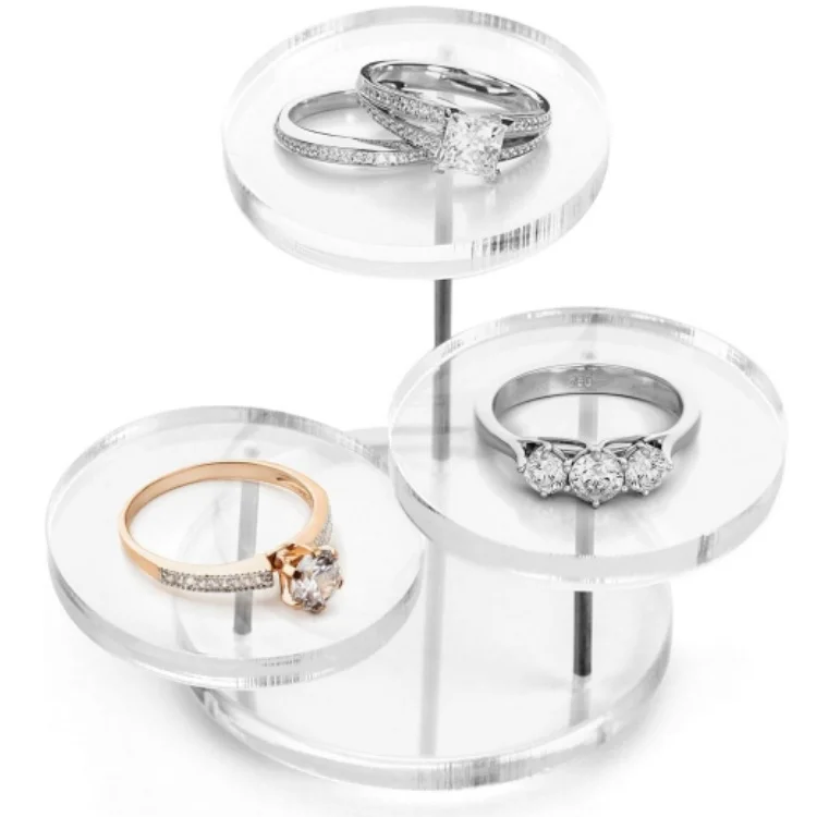 BOSN Round Acrylic Products Display Riser Stands, 3 Tier Jewelry Display Stands for Rings Earrings,Mini Figurines, Clear, 2 Pack