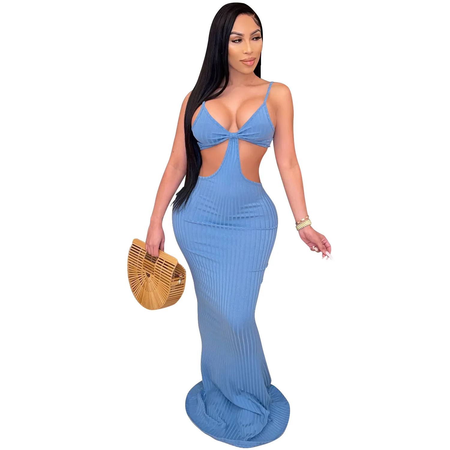 2021 Striped Summer Sexy Party Maxi Dresses Cut Out V-Neck Strap Club Outfits For Women Hot Fashion Female Outfits