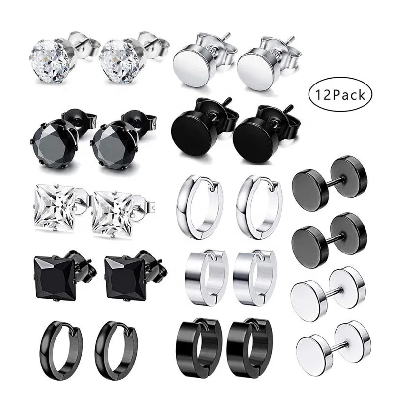 Customize mens fashion jewelry hypoallergenic tarnish free stud earring hoop huggies stainless steel earring set wholesale