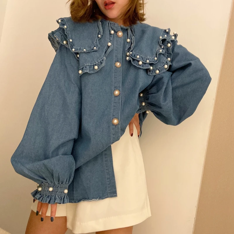 2024 Spring Fashion Streetwear Pearls Beading Layered Ruffled Collar Denim Blouse Women Blusas Lady Jean Shirt Top