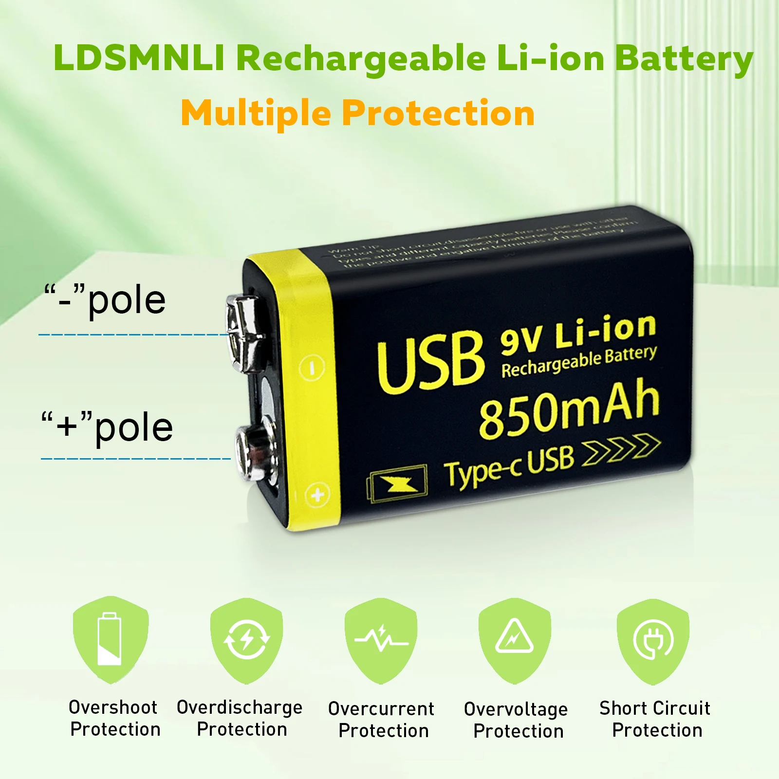 Suitable for gas cooker microphone, 9V 850mWh supports tpyc-c USB charging Rechargeable lithium battery