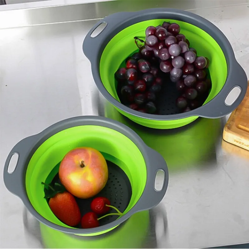 Collapsible Foldable kitchen rice strainer adjustable silicon collapsible bowl plastic strainer colanders set with hand