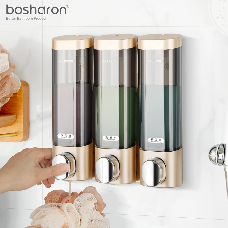 Bosharon Manual ABS Plastic lotion Soap Dispenser Wall Mounted Shampoo 3 in 1 Three Head Hotel Triple Liquid Soap Dispenser
