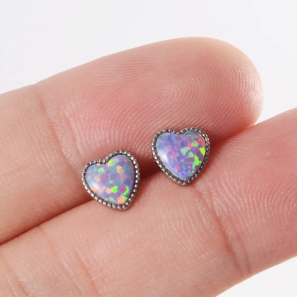 New 1PC Surgical Steel Opal Tongue Rings For Women Heart Shape Ear Tragus Cartilage Cheek Piercing Opal Heart Tongue Piercing