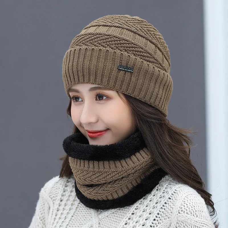 Korean style all-match fascinator thickened hats for ladies thermal hat warm knitted winter cap and scarf sets