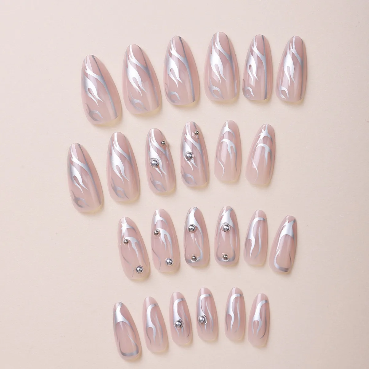 Silver Flame European American Style Press-On Nail Art Stickers False Nails with Studs Cross-Border Nail Design
