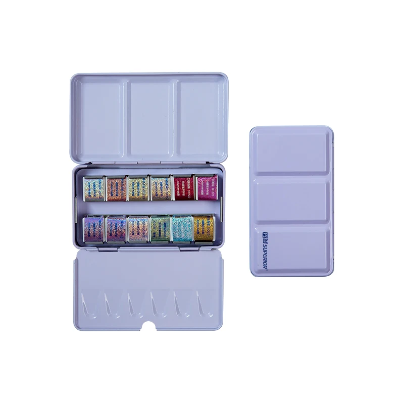 Superior 12 glitter colors half pan solid watercolor paint set with iron box