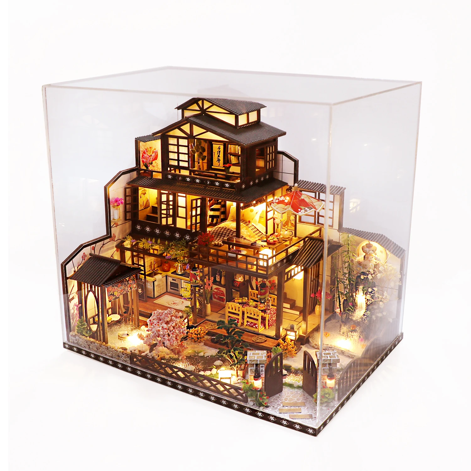 Hongda L2021 The Ancient Capital under moonlight Japanese style wooden miniature doll house diy dollhouse kit with dust cover