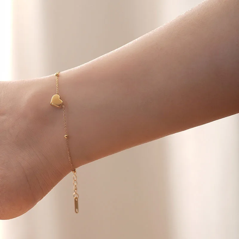 Waterproof Tarnish Resistant Trendy 18k Gold Plated Dainty Ball Bead Chain Heart Stainless Steel Anklets For Women