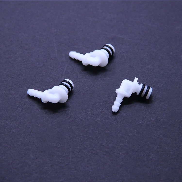 Elbow 90 degree hose-barbed plastic quick release coupling double o-ring straight through disconnect