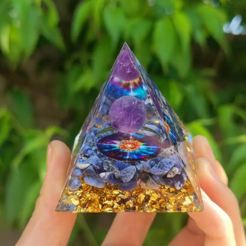 Energy Pyramid Orgonite Reiki Natural Amethyst Ball Healing Crystals Chakra Tool Ornaments Resin Stones Craft Kids Gift Pyramid