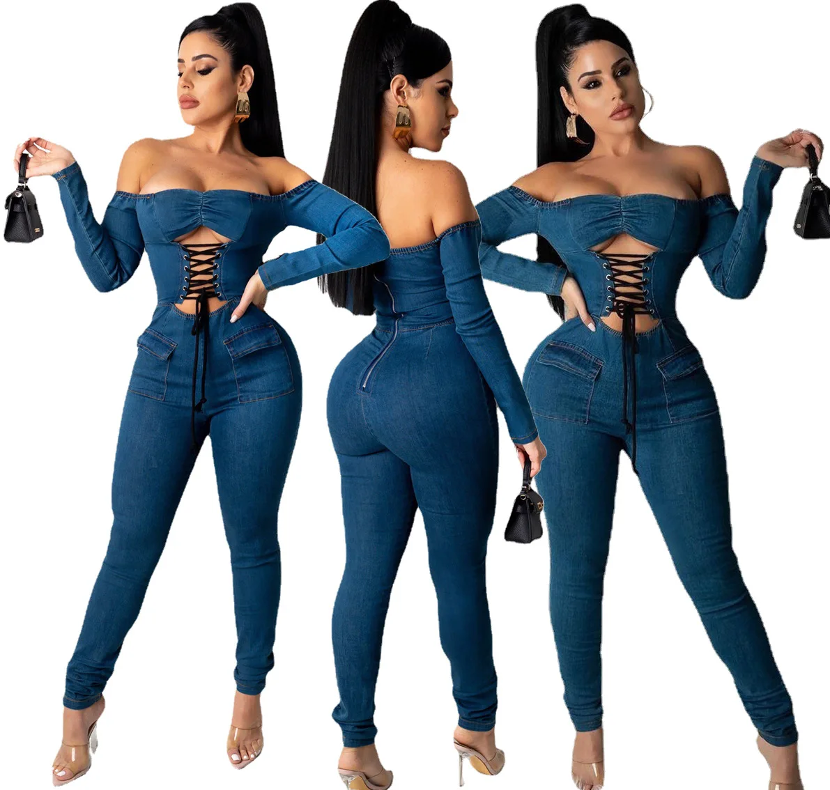 2021 Fall Sexy Off The Shoulder Hollow Out Bandage Denim Long Sleeve Jean One Piece Jumpsuit Woman Bodycon Jumpsuit