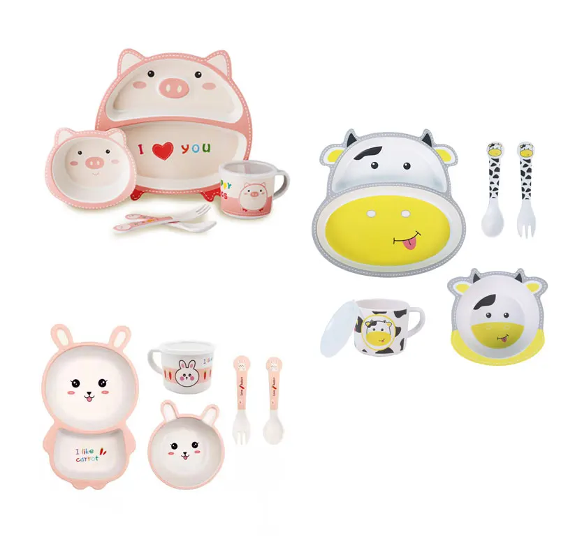 5 piece tableware set bamboo fiber kid eco suction plates dinnerware animal cartoon melamine bamboo kids dinnerware set for baby