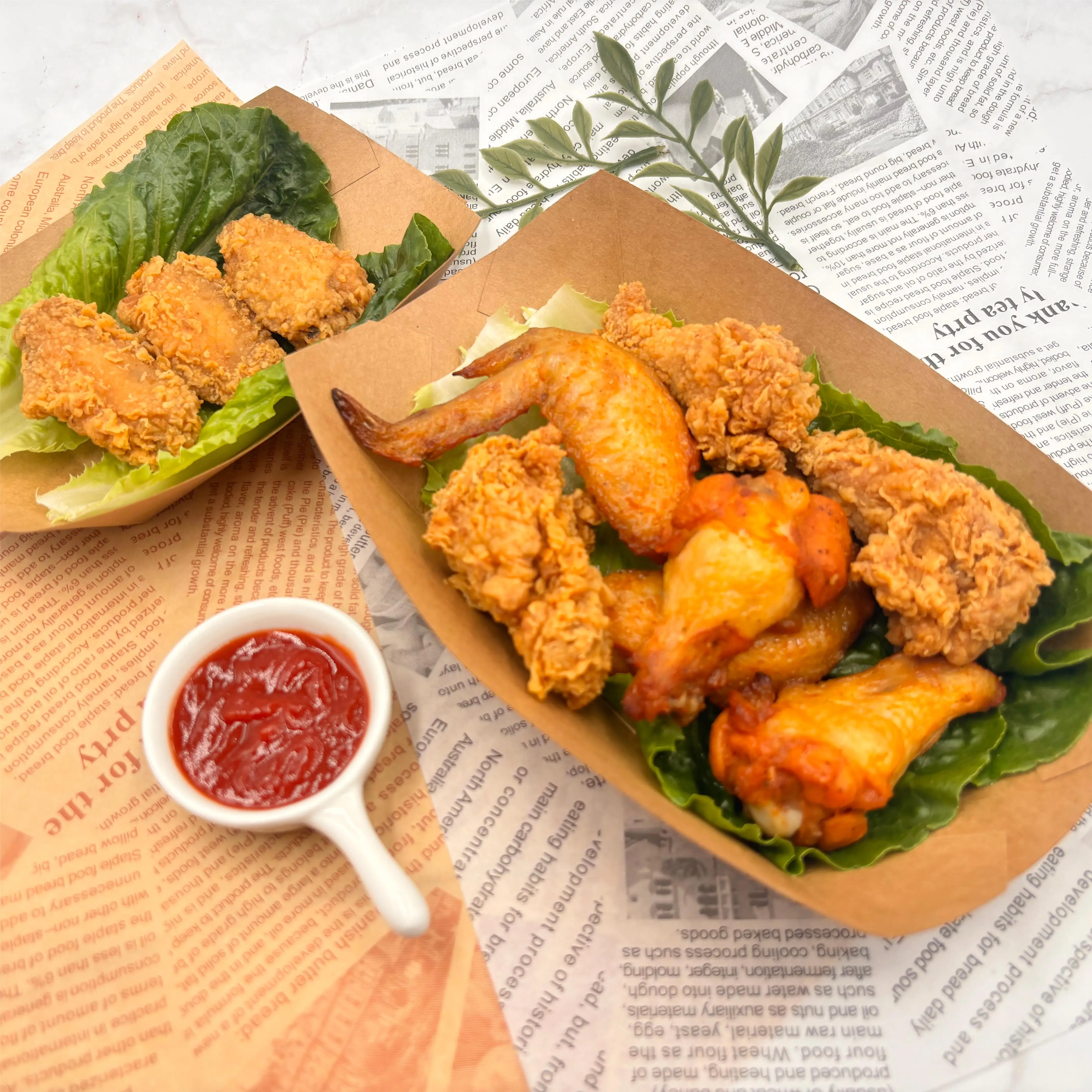 Takeaway French Fries And Fried Chicken Recyclable Kraft Paper Take Away Food Boat Tray Disposable Paper Food Tray