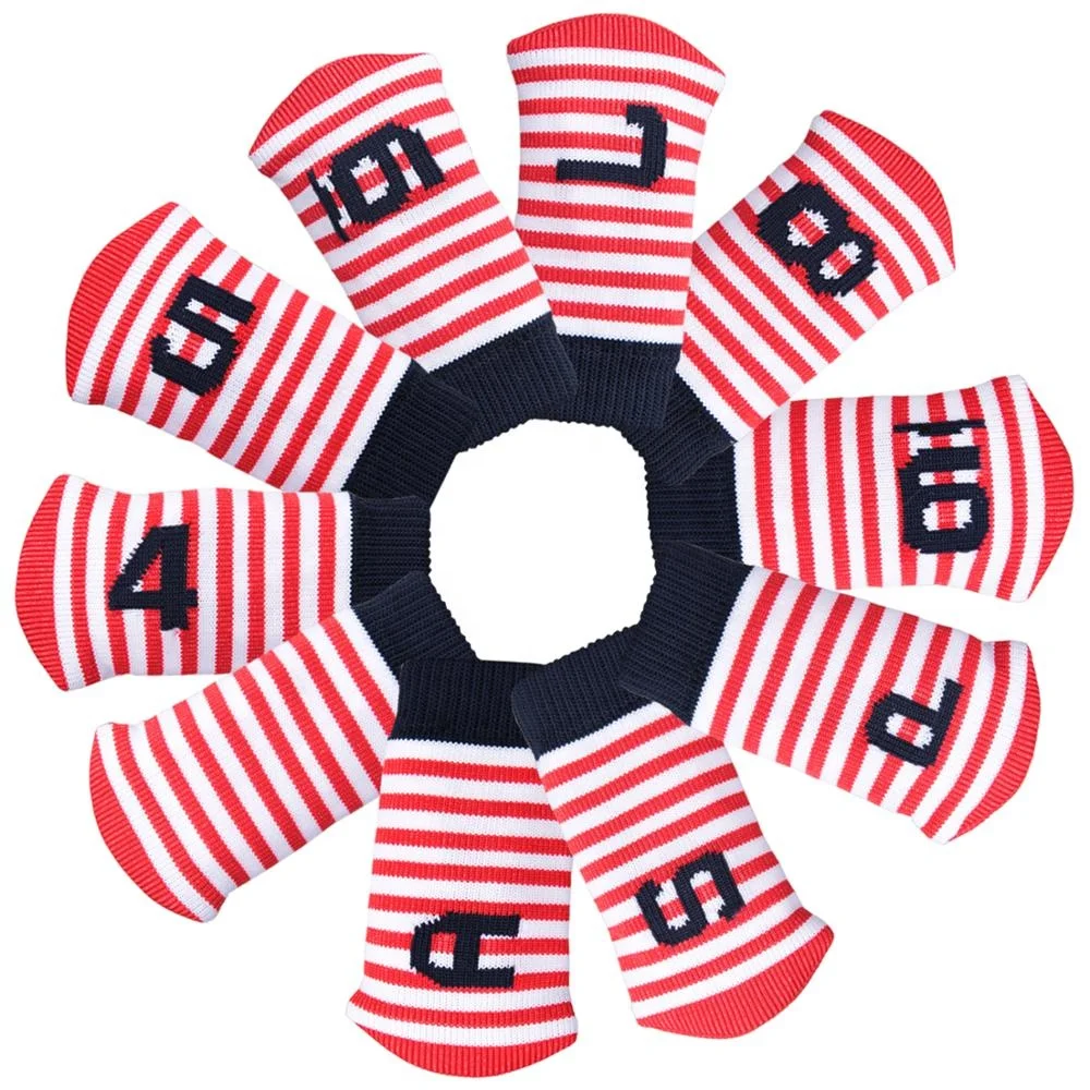 10PCS/Set Golf Iron Head Cover Knitted stretch Iron Cover 4 5 6 7 8 9 PW SW AW Red&White Mini cover