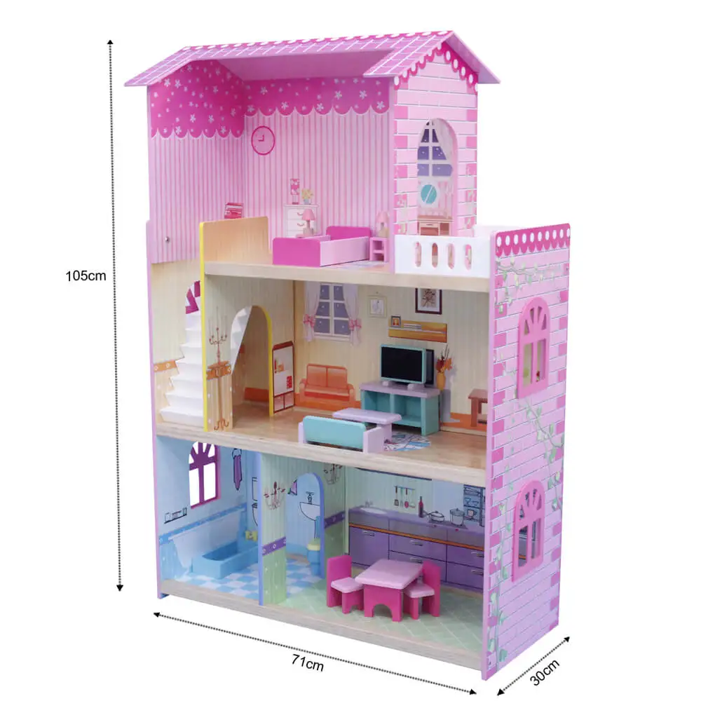 Cheap price wooden dream house with furniture included wholesale kids pretend play doll house furniture 1:12 scale