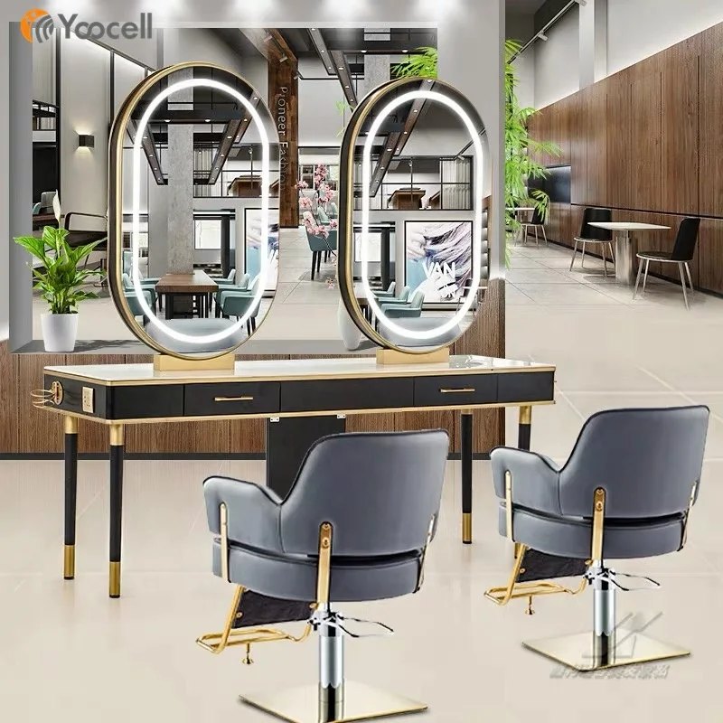 Классическая роскошная мебель Yoocell для парикмахерской светодиодная зеркальная станция зеркало