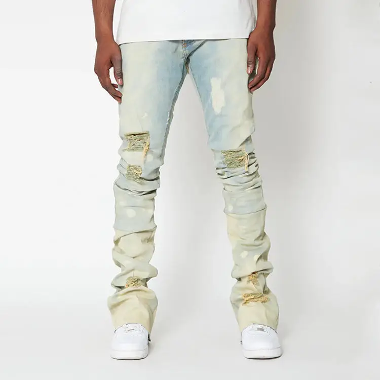 Supplier custom vintage denim stack pants brand washed ripped y2k jeans stacked jeans men flare
