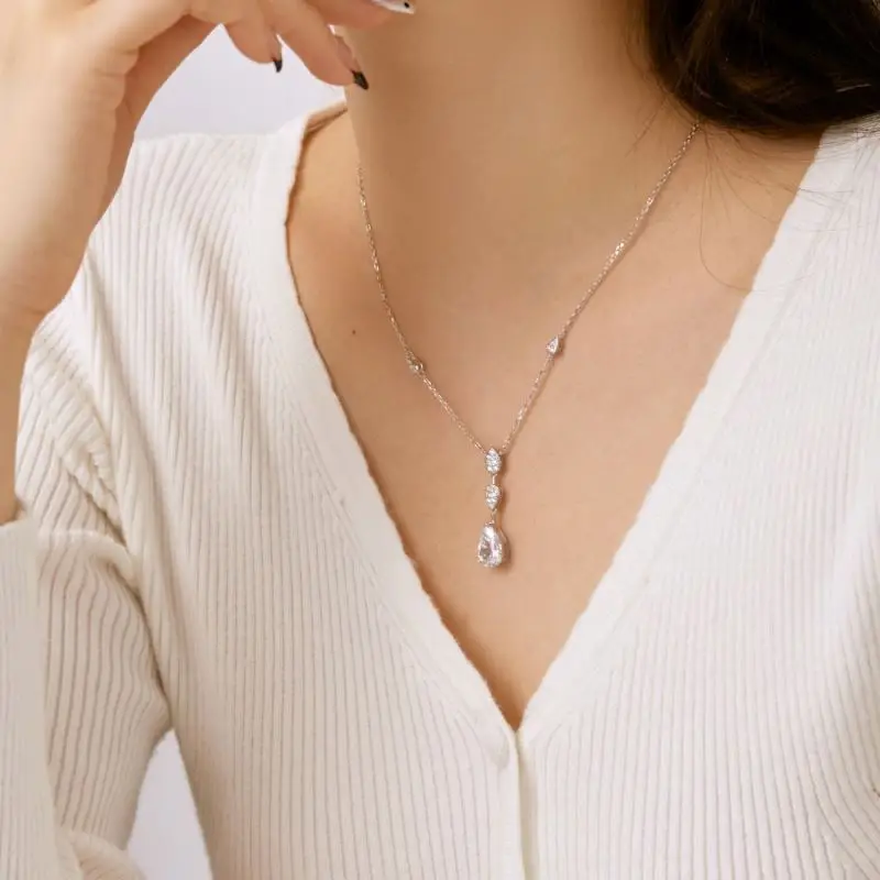 New Arrival Elegant Accessories Chain 925 Sterling Silver Cubic Zirconia Blue Pink Water Drop Pendant Necklaces  Jewelry Women