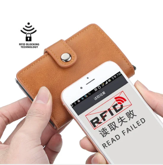 Pop Up PU Leather Metal Wallet RFID Blocking Automatic Aluminium Credit Card Holder Custom