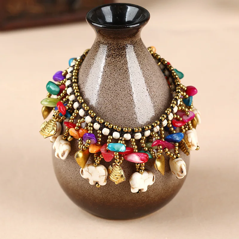 Bohemian Pine Stone Copper Elephant Bracelet Handmade Wax Thread Beaded Colorful Bracelet Female Accessories