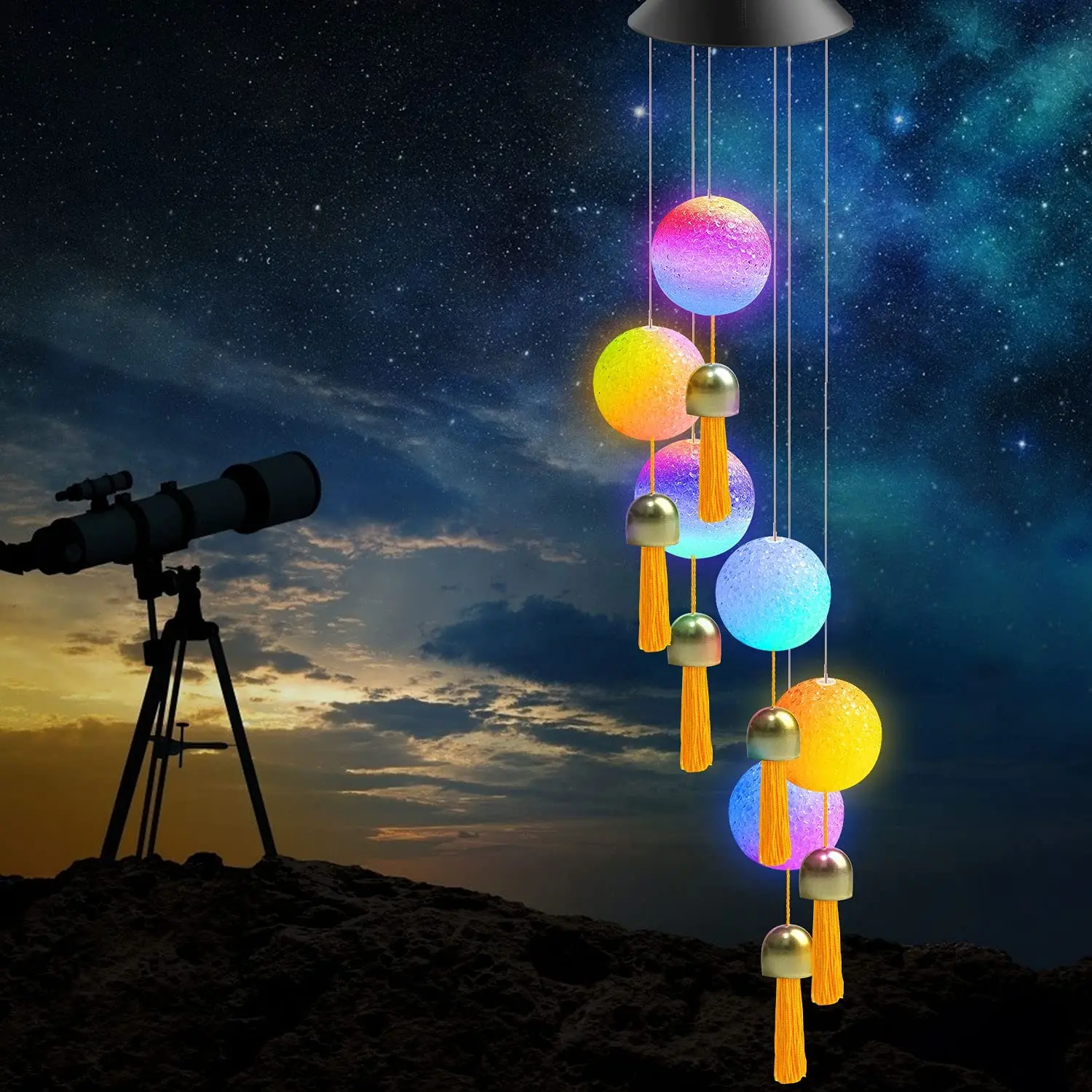 Waterproof Color Changing Led Light Solar Powered Mobile Hanging Crystal Ball Solar Wind Chimes With Bell for Patio Garden Party