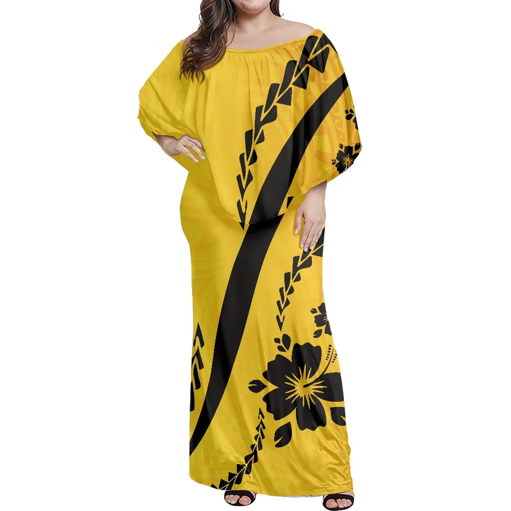 MOQ 1 Custom Low Price Dresses Hawaii Flower Polynesian Tribal Printed Wedding Dress Off Shoulder Wedding Dress