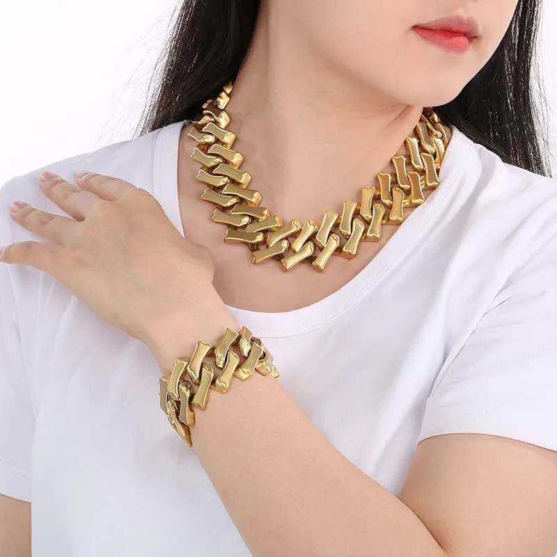 Fashion jewelry stainless steel heavy metal gold bone chunky chain necklace for women