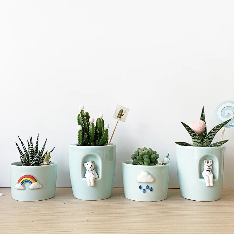 Cyan Porcelain Cute Cylindrical Flower Pot