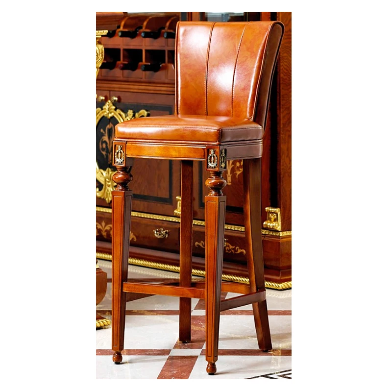 YB38 Manufacturer Supply classic antique Leather solid Wood High leg hand made wood home bar stool chair set