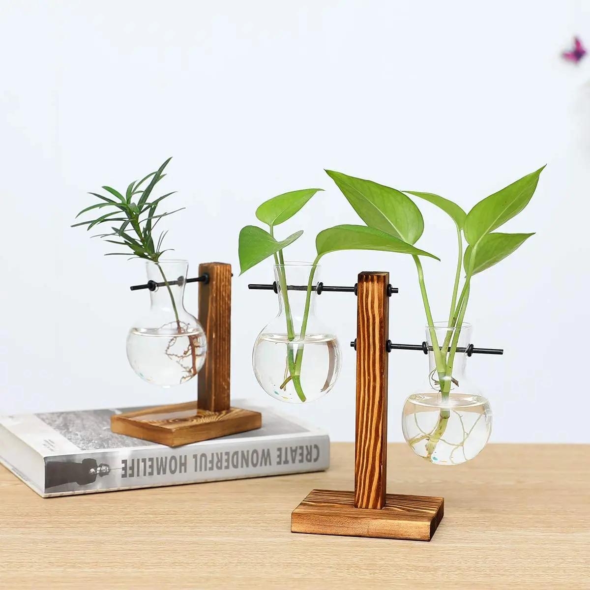 2 Pack Plant Terrarium with Wooden Stand Air Planter Bulb Glass Vase Propogation Station for Hydroponics Plants Home Garden Offi