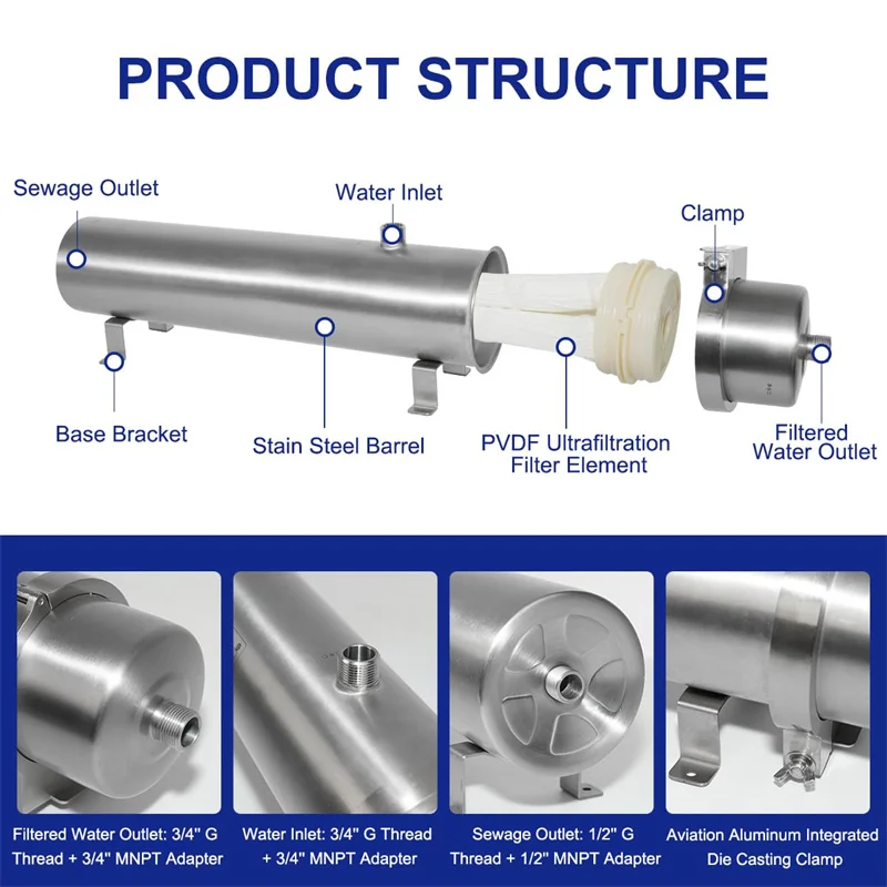 5000L/H Whole house 304 Stainless Steel housing water filter Central Ultrafiltration UF Membrane Water purifier system