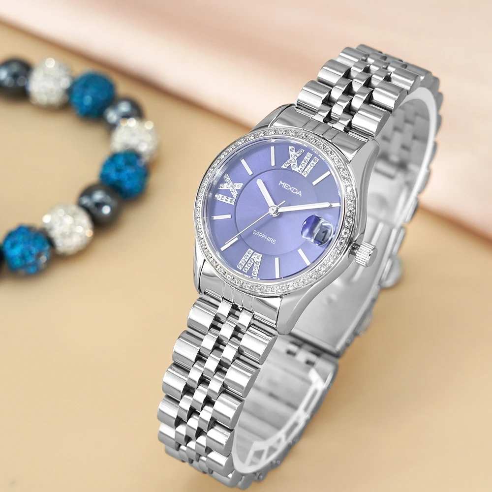 Mexda Customised Hot Selling Fashion Vintage Stainless Steel Quartz Roman No Watch for Women Diamond-Studded Bling Relojes
