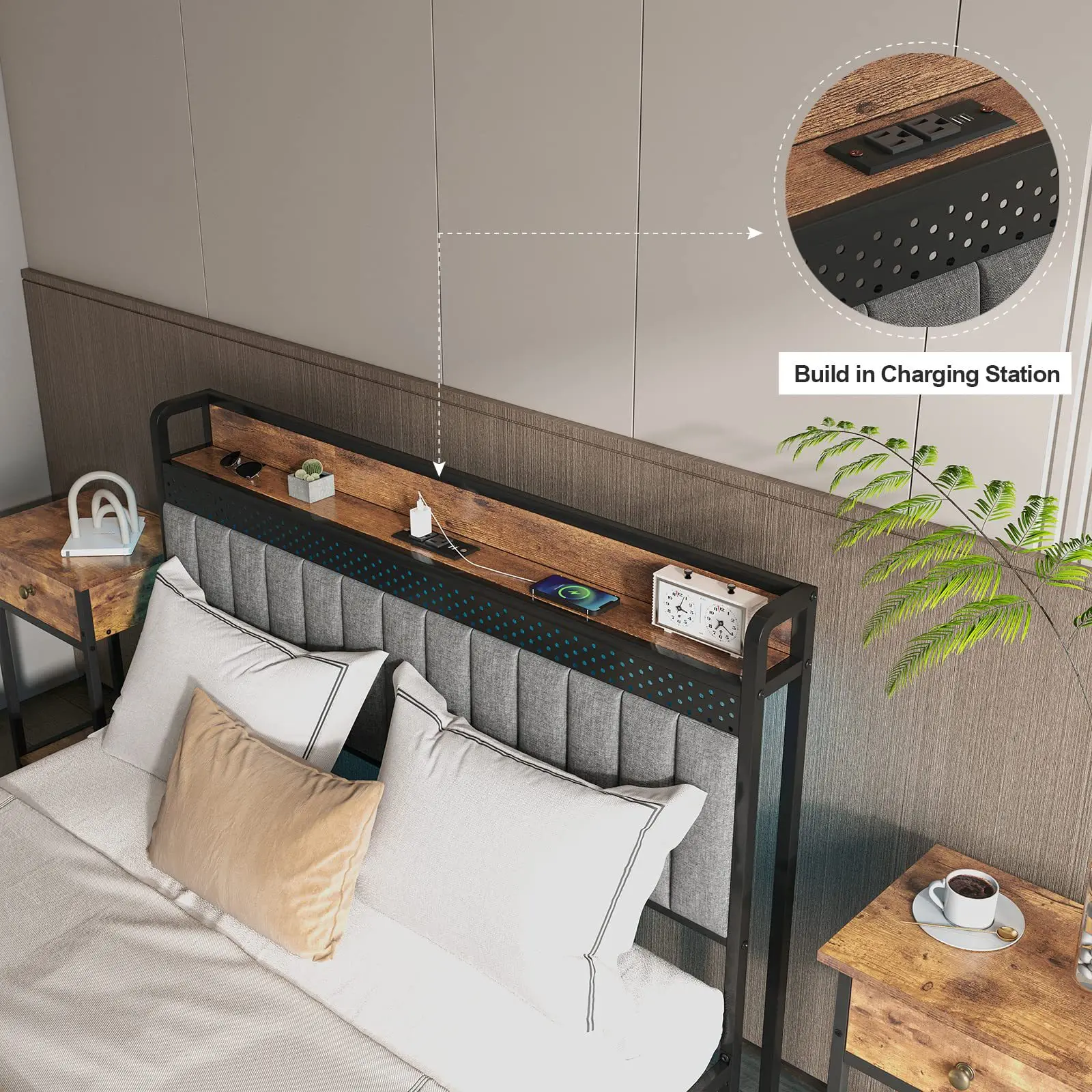 Metallic Double Twin Queen Size Bed Frame with Wood Fabric Headboard and Metal Footboard for Adult