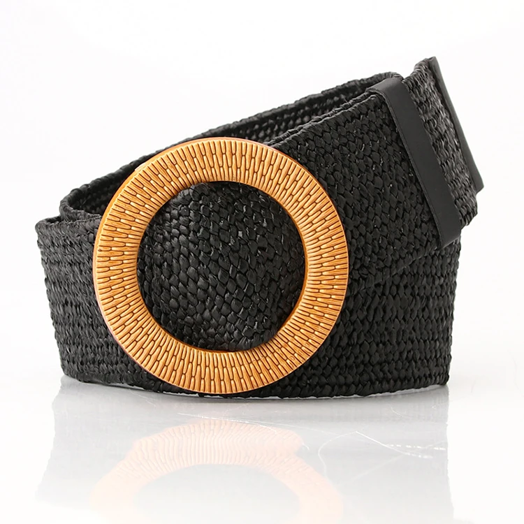 Wholesale round buckle waistband stretch straw woven braided women belt