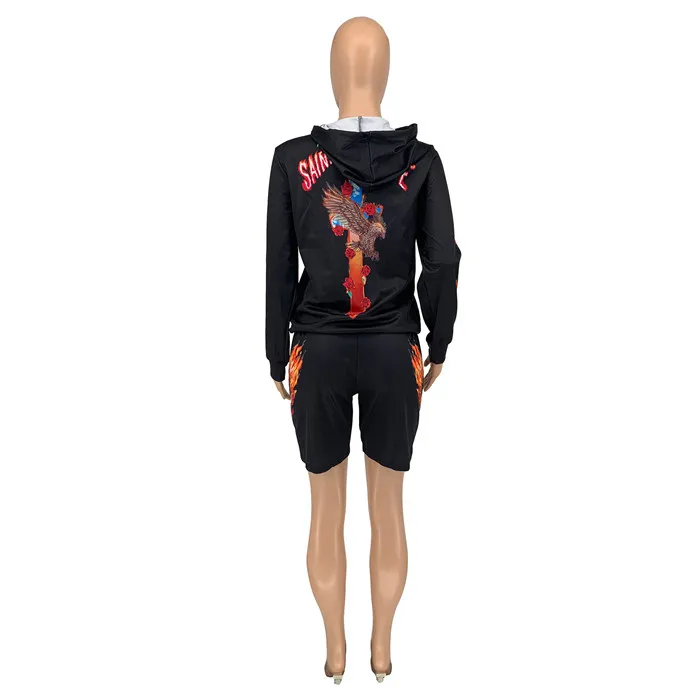 G0019-autumn одежда Женская мода шаблон печати с капюшоном Топ и короткие штаны комплект из двух предметов милый костюм для