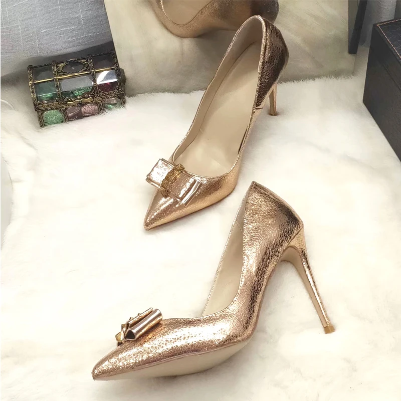 
Wholesale Gold Bow pointed toe Sexy High heels 8/10/12 cm Stiletto rivet studded pumps women shoes large size size 43 45 