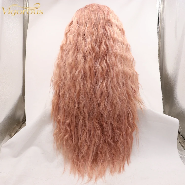 Lovely Pink Mono Long Curly Premium High Quality Water Wave Wholesale Cheap Women Glueless Lace Front Synthetic Hair Wigs