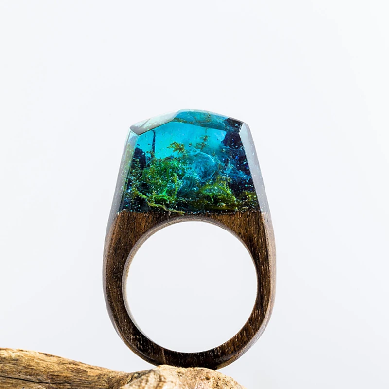 19S100803-Yiwu Wholesale Delicate Forest Resin Waterfall Ring Jewelry Creative Wood Resin Rings For Promotional Gifts