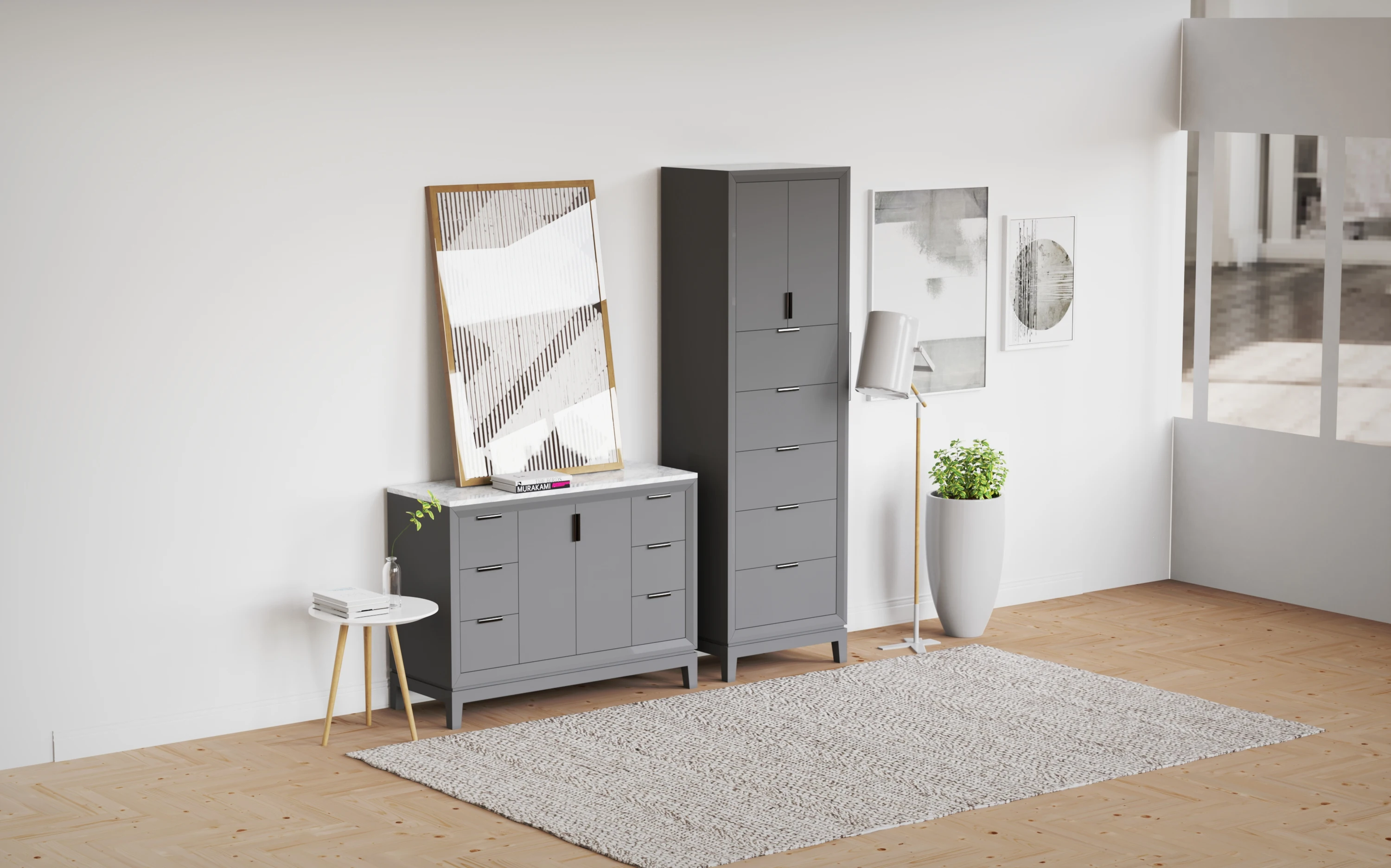 
living room modern wooden storage side cabinet with 2 door 5 drawer ,simple style gray washed wood tall cabinet 