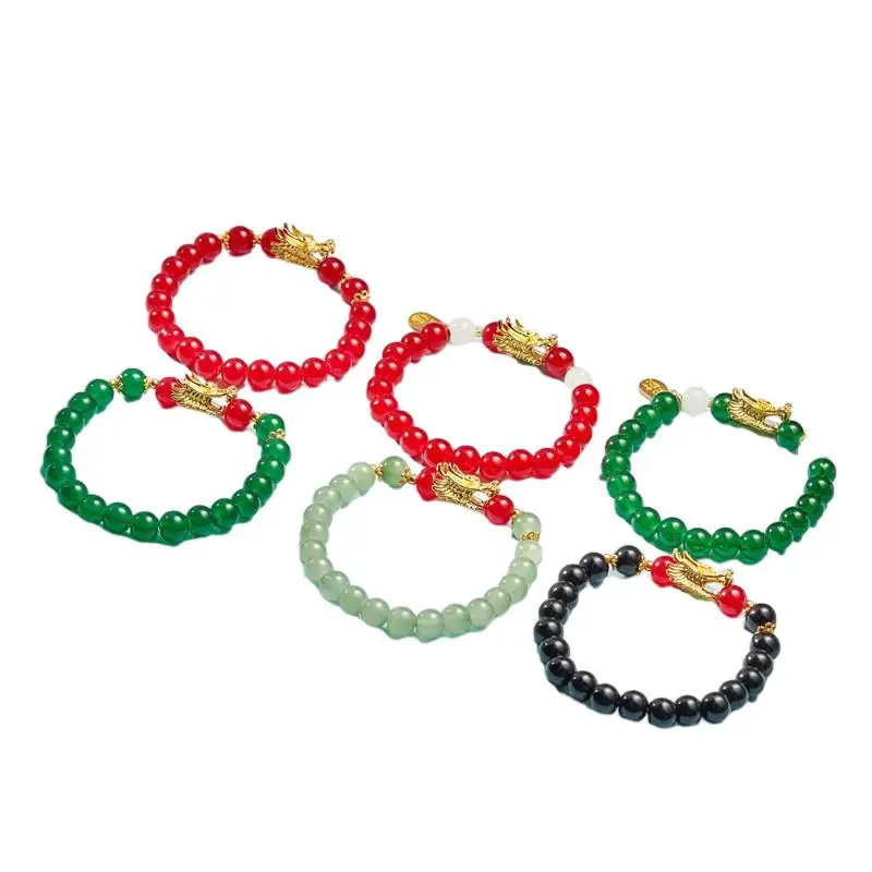 Unisex 8MM 10MM Lava Stretch Wholesale Chinese Dragon Paracord Bracelet Nepal Glass Bead Dragon Bracelet Men Women