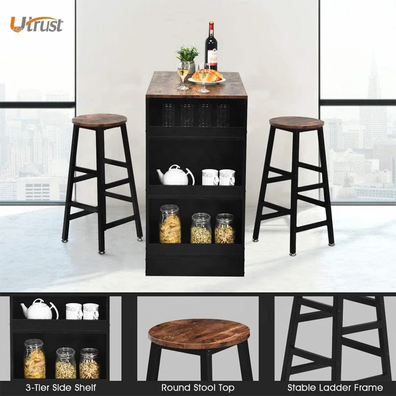 Luxury fancy strong bar table set with high back chairs table bar caffe set funiture  wood high bar counter table sets modern