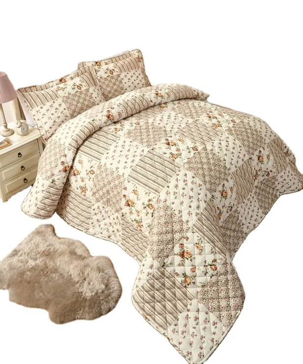 Floral Pigment Printing Quilt Patchwork Bedspread Set