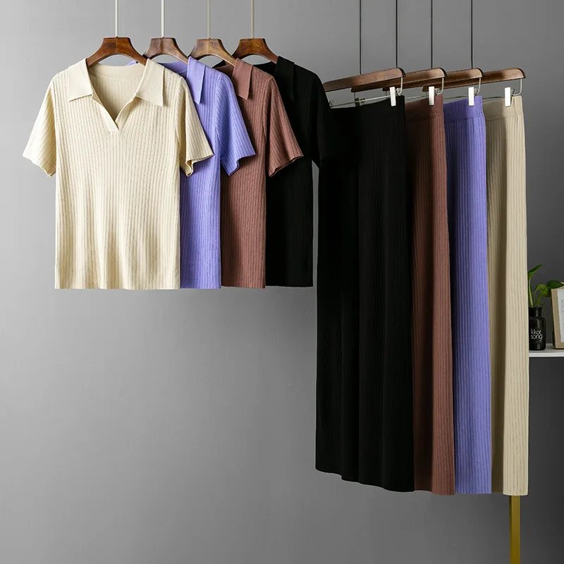 High Quality Knitted Outfits Short Sleeve Sweater And Pants 2 Piece Set For Women