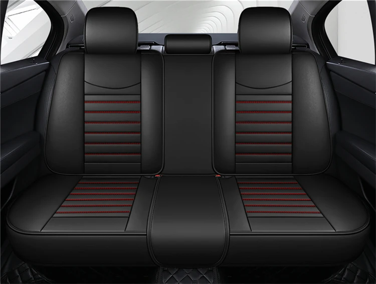 PU Leather Sweat  5 Seats Full Set Car Seat Cover Black Fine Needlework Red Line Stitching seat Cushion for car