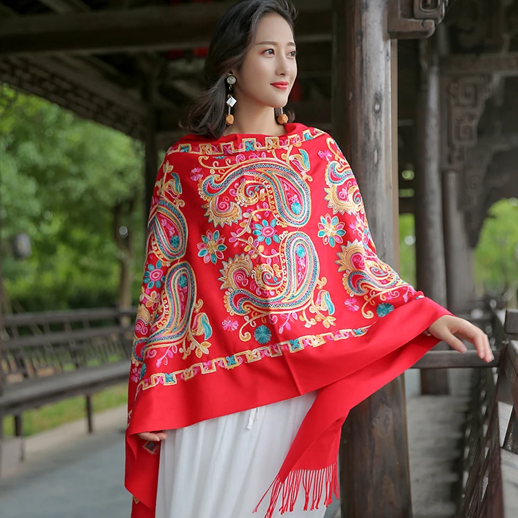 Wholesale Winter Pure Color Cashmere Scarf Women Ethnic Style Handmade Embroidery Scarf Cashmere