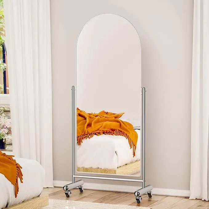Full Length Mirror on Rolling Wheels Arched Mobile Standing with Stainless Steel Frame Modern Dressing Floor Mirror Home Decor
